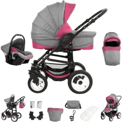 Bebebi Florenz | 3 In 1 Kombi Kinderwagen Set | Luftreifen Davanzati Pink Black