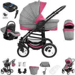 Bebebi Florenz | 4 In 1 Kinderwagen Komplettset | ISOFIX Basis | Hartgummireifen Davanzati Pink Black