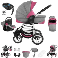 Bebebi Florenz | 4 In 1 Kinderwagen Komplettset | ISOFIX Basis | Hartgummireifen Davanzati Pink White
