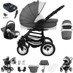 Bebebi Florenz | 4 In 1 Kinderwagen Komplettset | ISOFIX Basis | Hartgummireifen Marco Darkgrey Black