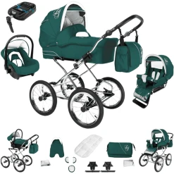 Bebebi Loving | 4 In 1 Kinderwagen Komplettset | ISOFIX Basis | Nostalgie Kinderwagen Green Ardent