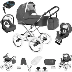 Bebebi Loving | 4 In 1 Kinderwagen Komplettset | ISOFIX Basis | Nostalgie Kinderwagen Grey Tender