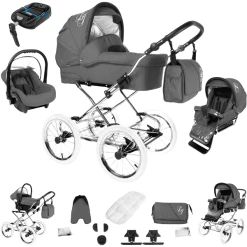 Bebebi Loving | 4 In 1 Kinderwagen Komplettset | ISOFIX Basis | Nostalgie Kinderwagen Grey Tender Peak