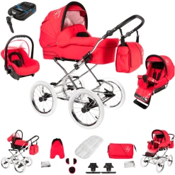 Bebebi Loving | 4 In 1 Kinderwagen Komplettset | ISOFIX Basis | Nostalgie Kinderwagen Red Tender Peak