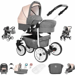 Friedrich Hugo Berlin | 3 In 1 Kombi Kinderwagen Set | GEL Reifen Grey And Beige Day