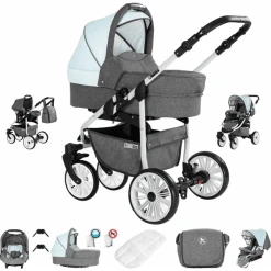 Friedrich Hugo Berlin | 3 In 1 Kombi Kinderwagen Set | GEL Reifen Grey And Light Blue Day