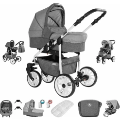 Friedrich Hugo Berlin | 3 In 1 Kombi Kinderwagen Set | GEL Reifen Grey And Light Grey Day