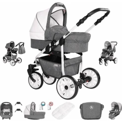 Friedrich Hugo Berlin | 3 In 1 Kombi Kinderwagen Set | GEL Reifen Grey And Light Rose Day