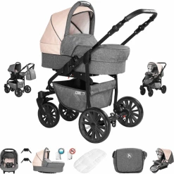 Friedrich Hugo Berlin | 3 In 1 Kombi Kinderwagen Set | Luftreifen Grey And Beige Night