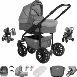 Friedrich Hugo Berlin | 3 In 1 Kombi Kinderwagen Set | Luftreifen Grey And Light Grey Night