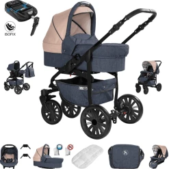 Friedrich Hugo Berlin | 4 In 1 Kinderwagen Komplettset | ISOFIX Basis | GEL Reifen Dark Blue And Beige Night