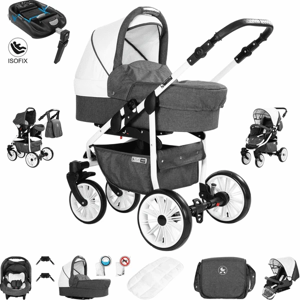 Friedrich Hugo Berlin | 4 In 1 Kinderwagen Komplettset | ISOFIX Basis | GEL Reifen Dark Grey And White Day 1 Friedrich Hugo Berlin | 4 In 1 Kinderwagen Komplettset | ISOFIX Basis | GEL Reifen Dark Grey And White Day