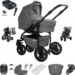 Friedrich Hugo Berlin | 4 In 1 Kinderwagen Komplettset | ISOFIX Basis | GEL Reifen Grey And Grey Night