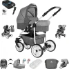 Friedrich Hugo Berlin | 4 In 1 Kinderwagen Komplettset | ISOFIX Basis | GEL Reifen Grey And Light Grey Day