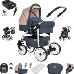 Friedrich Hugo Berlin | 4 In 1 Kombi Kinderwagen + ISOFIX | Luftreifen Dark Blue And Beige Day