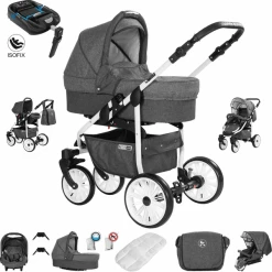 Friedrich Hugo Berlin | 4 In 1 Kombi Kinderwagen + ISOFIX | Luftreifen Dark Grey And Grey Day