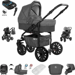 Friedrich Hugo Berlin | 4 In 1 Kombi Kinderwagen + ISOFIX | Luftreifen Dark Grey And Grey Night