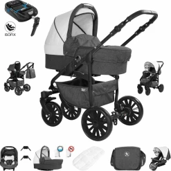 Friedrich Hugo Berlin | 4 In 1 Kombi Kinderwagen + ISOFIX | Luftreifen Dark Grey And White Night