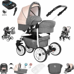 Friedrich Hugo Berlin | 4 In 1 Kombi Kinderwagen + ISOFIX | Luftreifen Grey And Beige Day