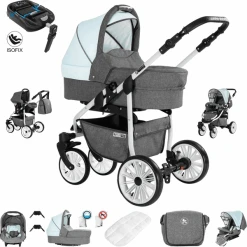 Friedrich Hugo Berlin | 4 In 1 Kombi Kinderwagen + ISOFIX | Luftreifen Grey And Light Blue Day