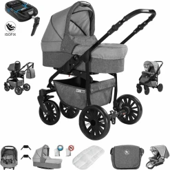 Friedrich Hugo Berlin | 4 In 1 Kombi Kinderwagen + ISOFIX | Luftreifen Grey And Light Grey Night