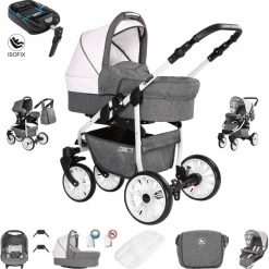 Friedrich Hugo Berlin | 4 In 1 Kombi Kinderwagen + ISOFIX | Luftreifen Grey And Light Rose Day