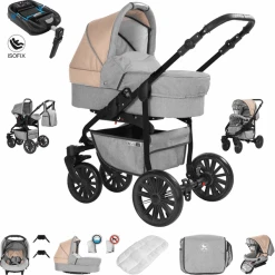 Friedrich Hugo Berlin | 4 In 1 Kombi Kinderwagen + ISOFIX | Luftreifen Light Grey And Beige Night