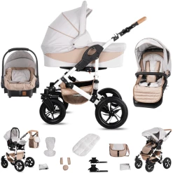 Friedrich Hugo Hamburg | 3 In 1 Kombi Kinderwagen Set | Hartgummireifen Cream & Beige