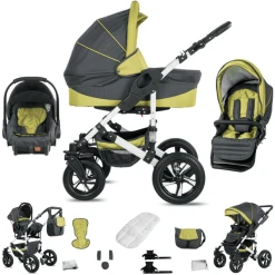 Friedrich Hugo Hamburg | 3 In 1 Kombi Kinderwagen Set | Hartgummireifen Grey & Green