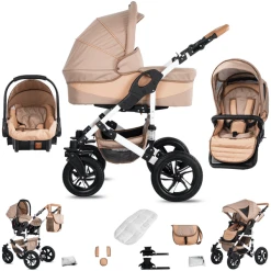 Friedrich Hugo Hamburg | 3 In 1 Kombi Kinderwagen Set | Luftreifen Beige & Oatmeal