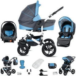 Friedrich Hugo Hamburg | 3 In 1 Kombi Kinderwagen Set | Luftreifen Grey & Babyblue
