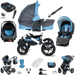 Friedrich Hugo Hamburg | 4 In 1 Kinderwagen Komplettset | ISOFIX Basis | Hartgummireifen Grey & Babyblue