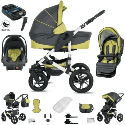 Friedrich Hugo Hamburg | 4 In 1 Kinderwagen Komplettset | ISOFIX Basis | Hartgummireifen Grey & Green