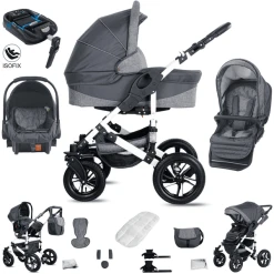 Friedrich Hugo Hamburg | 4 In 1 Kinderwagen Komplettset | ISOFIX Basis | Hartgummireifen Grey & Grey Linen
