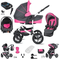 Friedrich Hugo Hamburg | 4 In 1 Kinderwagen Komplettset | ISOFIX Basis | Hartgummireifen Grey & Pink