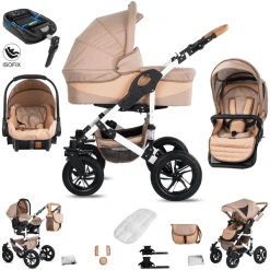 Friedrich Hugo Hamburg | 4 In 1 Kinderwagen Komplettset | ISOFIX Basis | Luftreifen Beige & Oatmeal