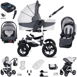 Friedrich Hugo Hamburg | 4 In 1 Kinderwagen Komplettset | ISOFIX Basis | Luftreifen White & Grey