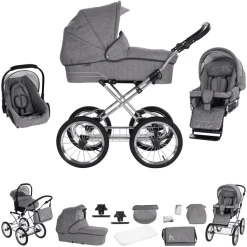 Friedrich Hugo München | 3 In 1 Kombi Kinderwagen Set | Nostalgie Kinderwagen Anthrazit - Rad: Chrom Schwarz