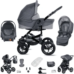 Friedrich Hugo Münster | 3 In 1 Kombi Kinderwagen Set | Hartgummireifen Grey & Grey Linen