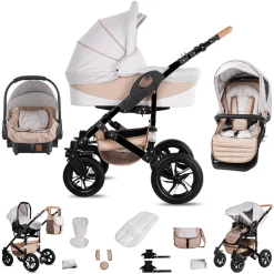 Friedrich Hugo Münster | 3 In 1 Kombi Kinderwagen Set | Luftreifen Cream & Beige
