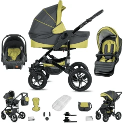 Friedrich Hugo Münster | 3 In 1 Kombi Kinderwagen Set | Luftreifen Grey & Green