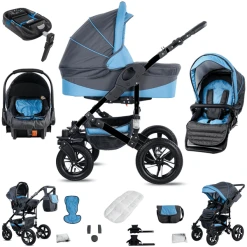 Friedrich Hugo Münster | 4 In 1 Kinderwagen Komplettset | ISOFIX Basis | Hartgummireifen Grey & Babyblue