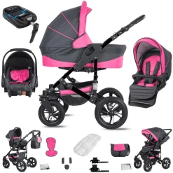 Friedrich Hugo Münster | 4 In 1 Kinderwagen Komplettset | ISOFIX Basis | Hartgummireifen Grey & Pink
