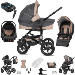 Friedrich Hugo Münster | 4 In 1 Kinderwagen Komplettset | ISOFIX Basis | Luftreifen Grey & Beige