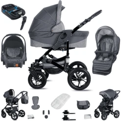 Friedrich Hugo Münster | 4 In 1 Kinderwagen Komplettset | ISOFIX Basis | Luftreifen Grey & Grey Linen