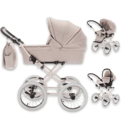 Friedrich Hugo Natureline | 3 In 1 Kombi Kinderwagen Set | Öko Nostalgie Kinderwagen Elisabeth Creme