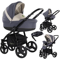 Friedrich Hugo Organico | 4 In 1 Kinderwagen Komplettset | ISOFIX Basis Nature Mix Grau - Gestell Schw